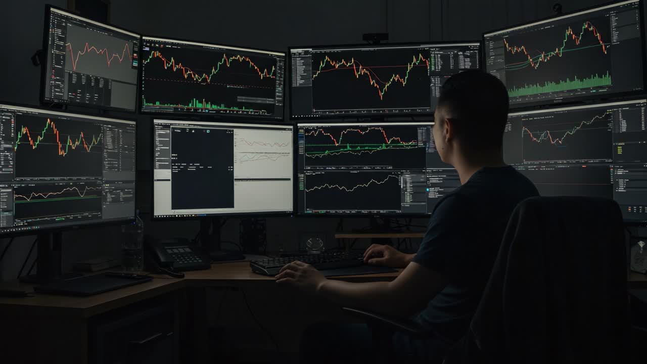 Focused Analysis: A Dedicated Trader Engaged in Monitoring Financial Markets Using Multiple Monitors to Track Data and Trends for Informed Decision-Making