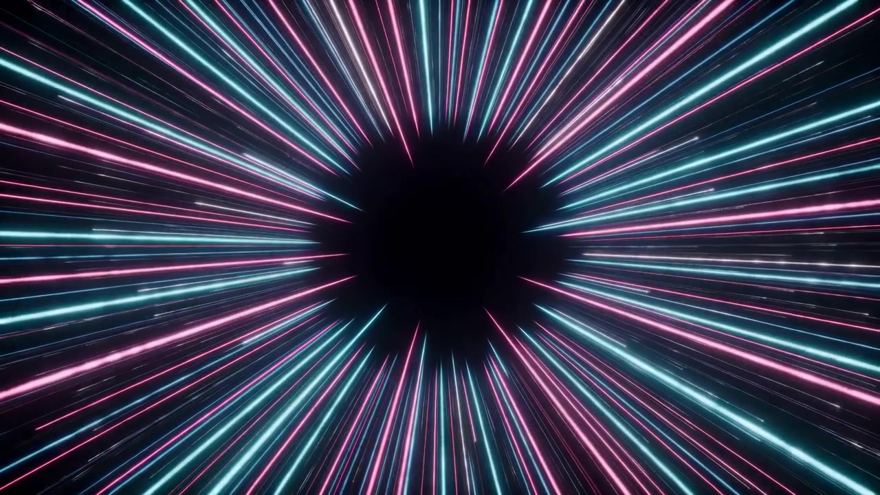 Dense cyan and magenta neon streaks form symmetrical radial tunnel around dark central core, with lines converging inward to suggest expanding energy, vivid glow, and strong depth, with radial