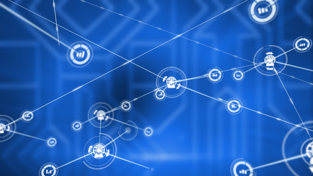 animación de la red de conexiones con iconos sobre formas sobre fondo azul