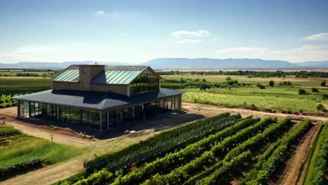 vineyard landscape featuring a modern winery building under clear skies