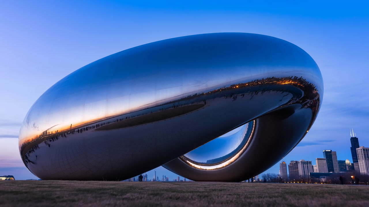 Reflective Cloud Gate Sculpture Chicago Skyline Twilight. Immense Stainless Steel Bean Mirrors City Lights,