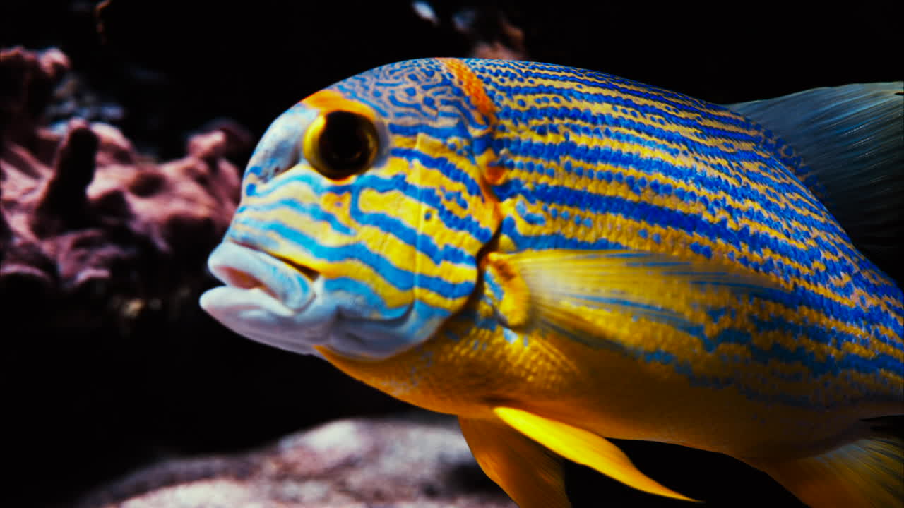 Close up of a sailfin snapper fish swimming near coral reefs