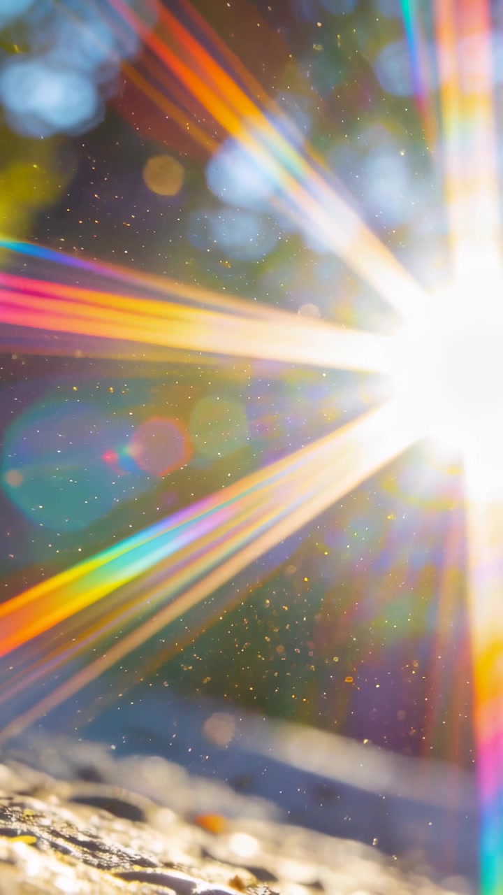 Video verticale: Entrando in un bagliore solare che invia raggi di luce attraverso sabbia bassa con polvere alla deriva, spazio per il testo.