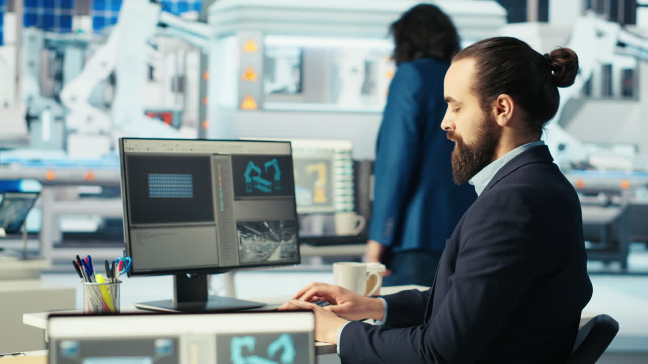 esperto di fabbrica fotovoltaica che ispeziona i macchinari delle centrali solari su pc