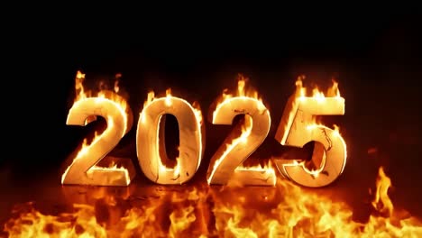 golden year 2025 burning with growing flames on a black background. ideal footage for new year's eve, celebrations, parties, and countdowns