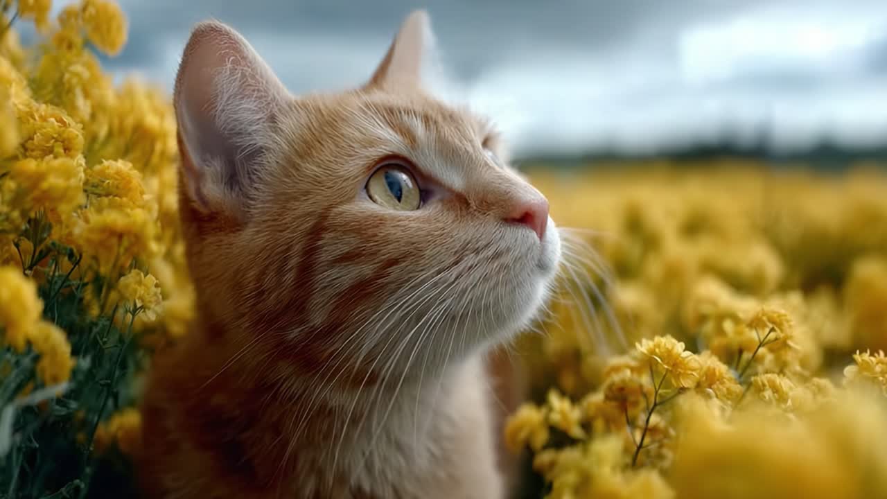 A Beautiful Ginger Cat Posing Gracefully Among Vibrant Yellow Flowers in a Lush Field, Capturing the Essence of Nature and Serenity