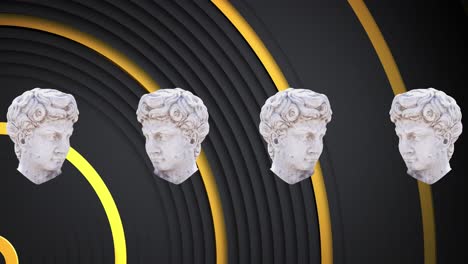 animación de bustos de esculturas clásicas masculinas distorsionadas que se mueven sobre anillos de oro sobre un fondo negro