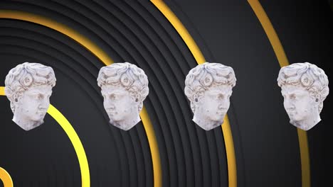 animation of distorting male classical sculpture busts moving over gold rings on black background