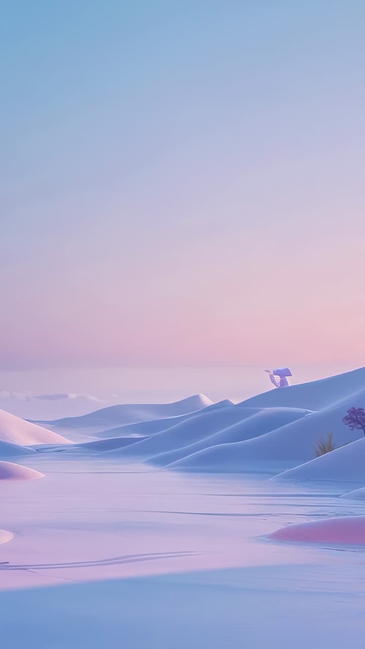 Vertical video: Dawn light illuminating dunes and water at lake, with structure, purple shrub