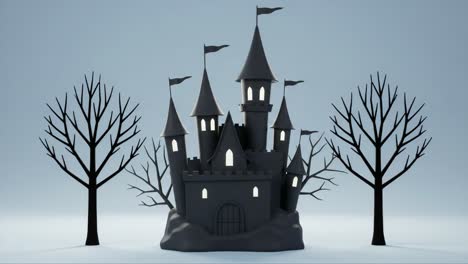 an enigmatic black castle with towering spires and leafless trees, creating a mysterious atmospheric scene evoking fantasy and imagination in 3d design