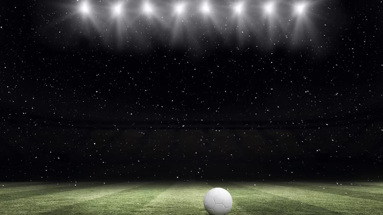 스포츠 스타디움에서 축구 위에 끊임없는 루프로 떨어지는 눈의 애니메이션