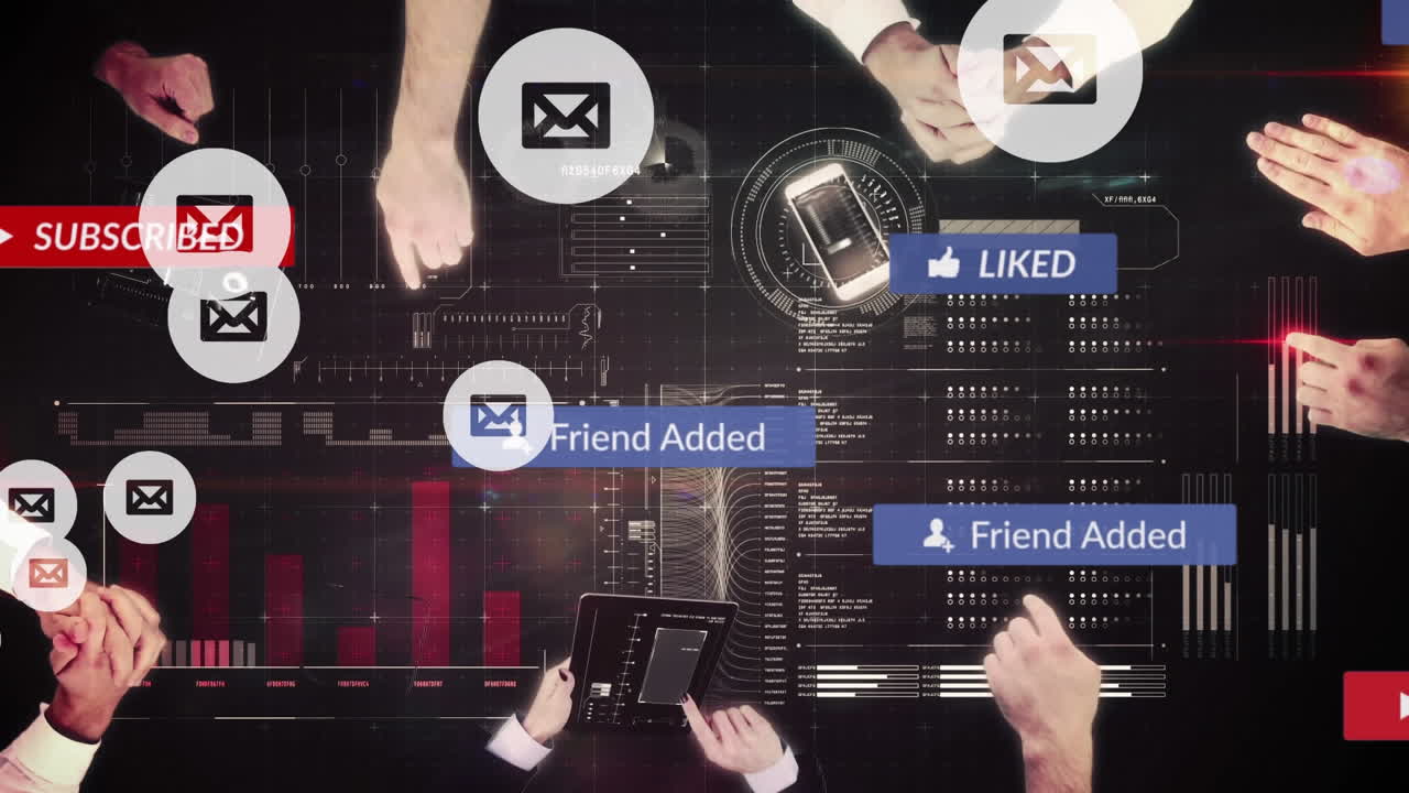 디지털 아이콘이 있는 배너에 소셜 미디어 텍스트의 애니메이션이 전자 장치를 가진 사람들 위에 있습니다.