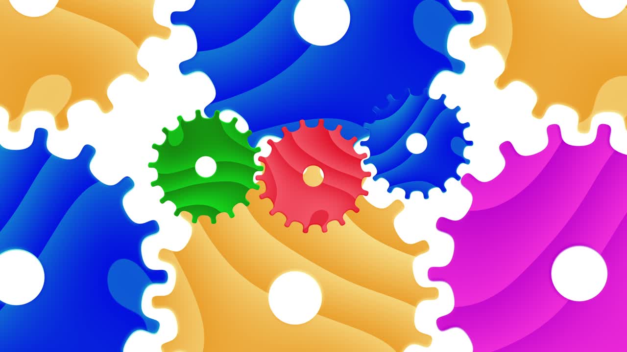 animación de dibujos animados en 4k de íconos modernos de engranajes en movimiento que forman un patrón colorido sobre un fondo blanco.