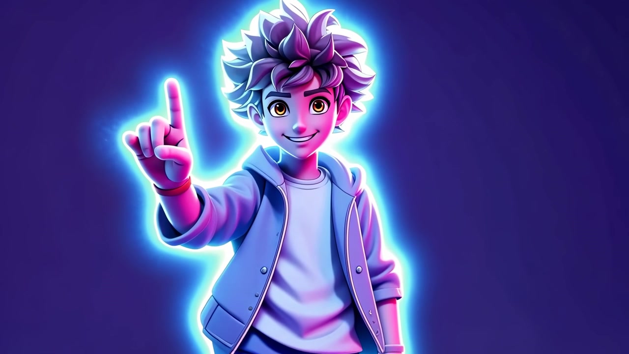 Ragazzo Animato che Indica Verso l'Alto con un'Aura Luminosa