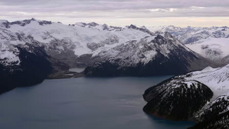 Mountain-range-by-Garibaldi-Lake,-BC,-Canada---Aerial-shot