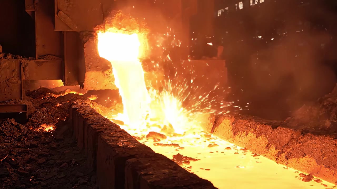 Molten metal flows from the furnace, illuminating the industrial setting with fiery sparks and creating a dynamic scene of metallurgy in action.