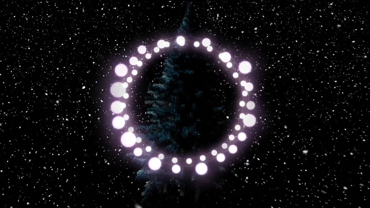 animación del marco de luces de hadas con espacio de copia sobre el abeto y la nieve cayendo sobre un fondo negro