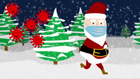 santa de dibujos animados enmascarado huyendo de covid-19 en un bosque nevado