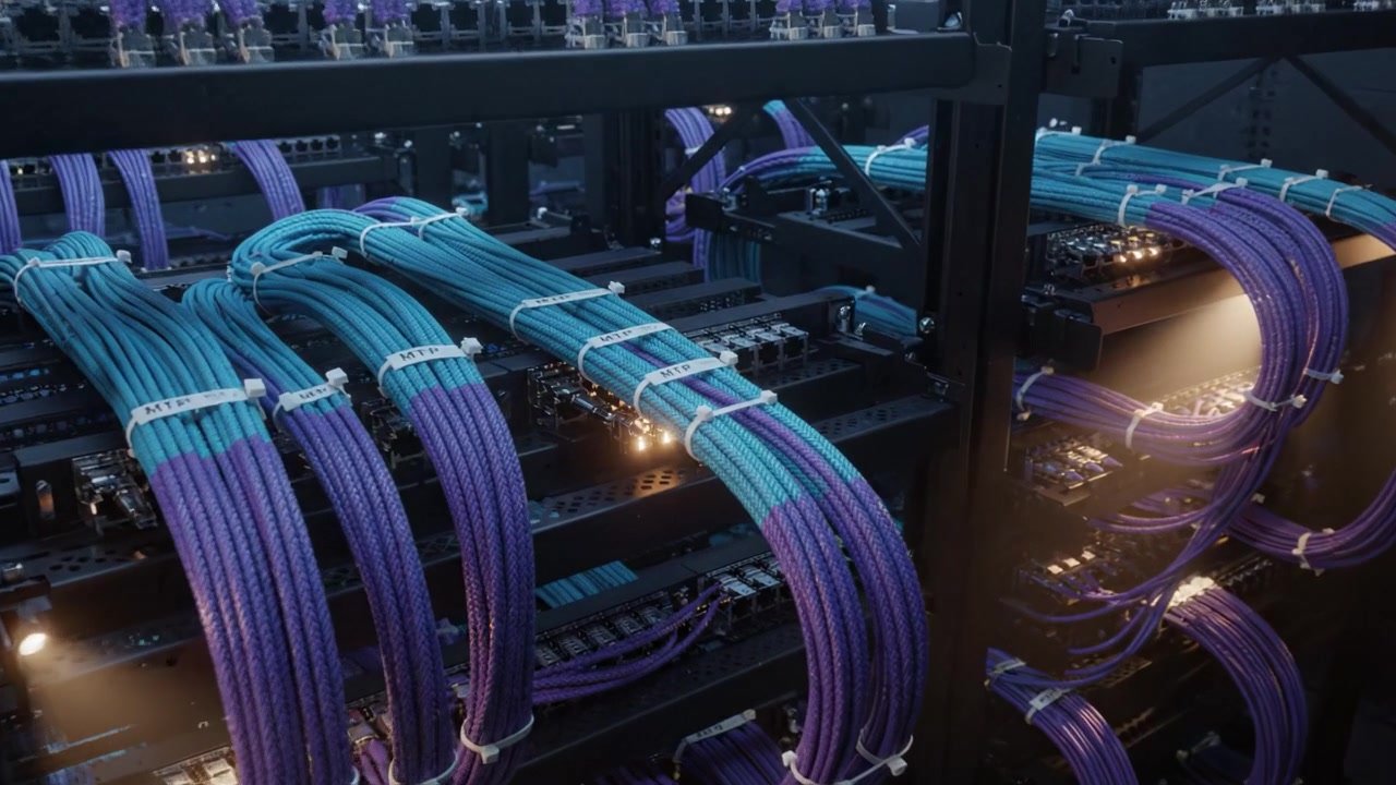 A detailed view of an advanced data center showcasing vibrant fiber optic cables and structured networking components emphasizing modern technological infrastructure.
