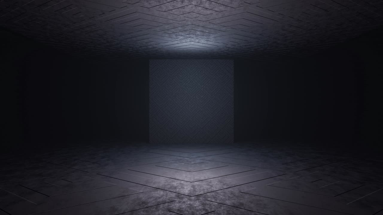 muestra el corredor del túnel, el hormigón reflectante, las formas de la nave espacial alienígena, el fondo oscuro.