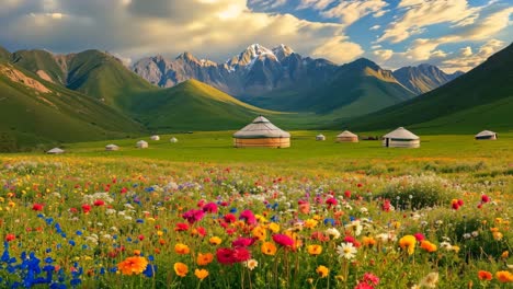 a field of colorful flowers in front of a mountain range