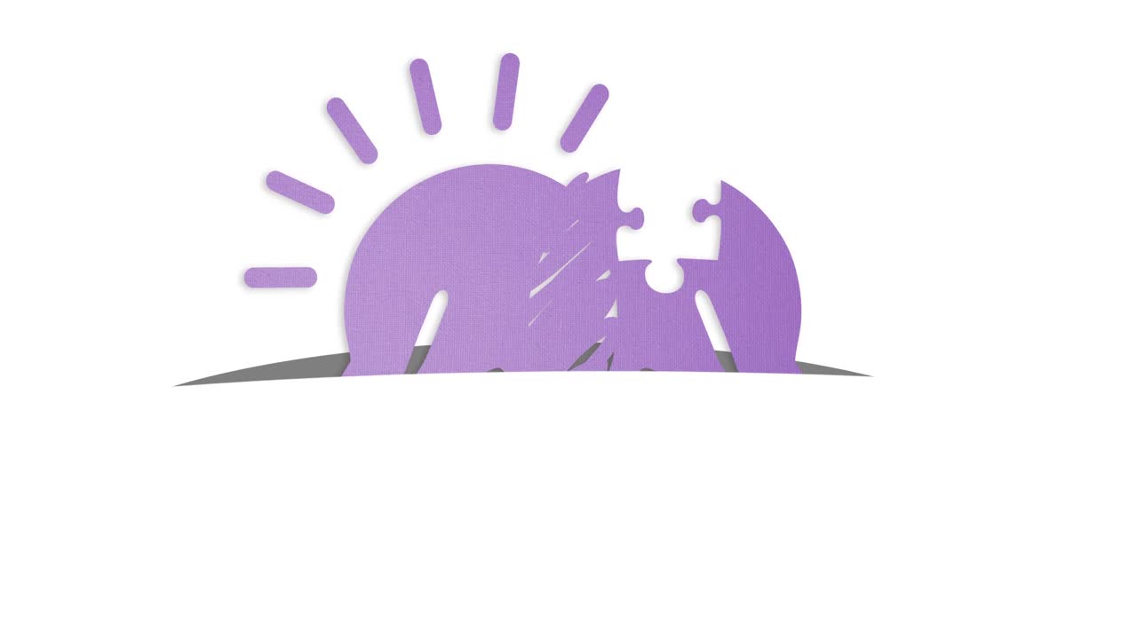 ⁇ 색 배경에 퍼즐로 만든 보라색 원과 태양의 애니메이션