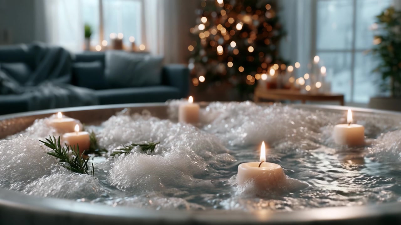Relax e serenità: una tranquilla scena nella vasca da bagno con candele galleggianti e bolle, perfetta per un'accogliente serata invernale a casa