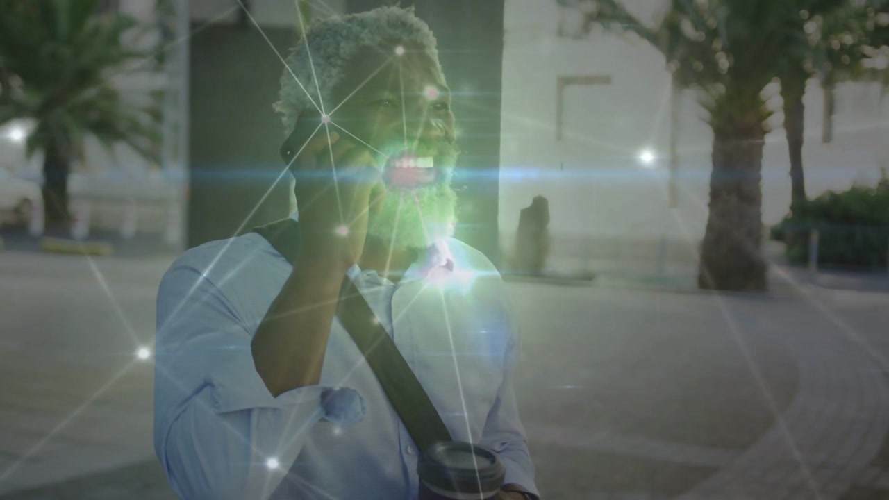 Man holding phone and coffee in urban plaza incoming business call sparking network overlay pulsing