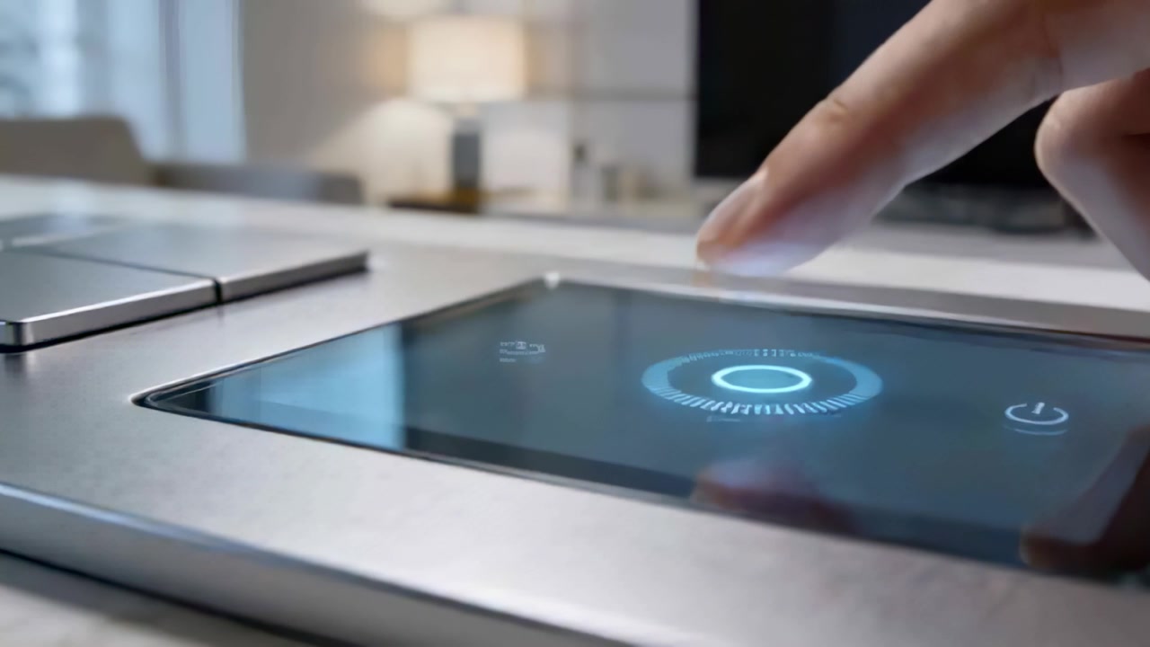 Pressing index fingertip on circular glass control on countertop to activate burner, copy space