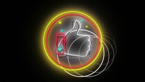 Animation-Eines-Neonfarbenen-Daumen-nach-oben-Symbols-In-Gelben-Und-Roten-Ringen,-Mit-Datenladeringen-Auf-Schwarz