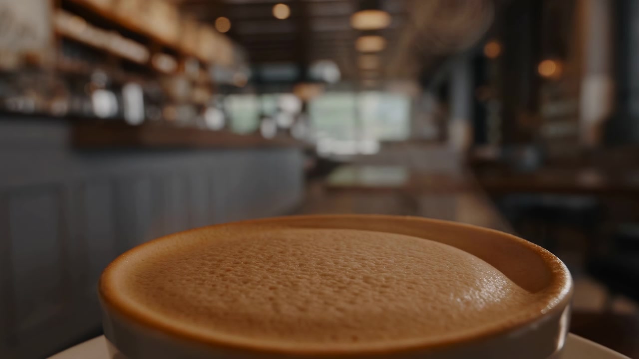 Una tazza di caffè statica in un ambiente interno di un caffè calmo e accogliente, con materiali in ceramica e plastica dai toni caldi del marrone. La scena è vista da una prospettiva fissa, rendendola ideale