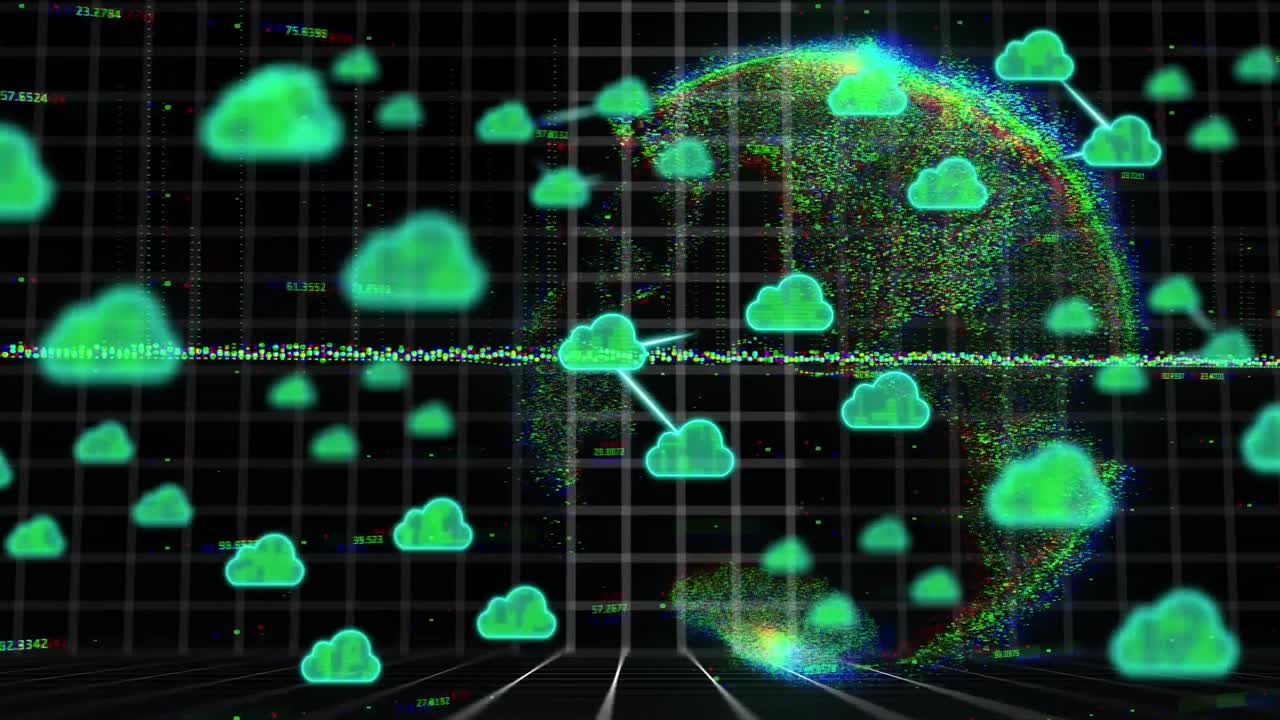 animación del globo, iconos de nubes y procesamiento de datos en la cuadrícula.
