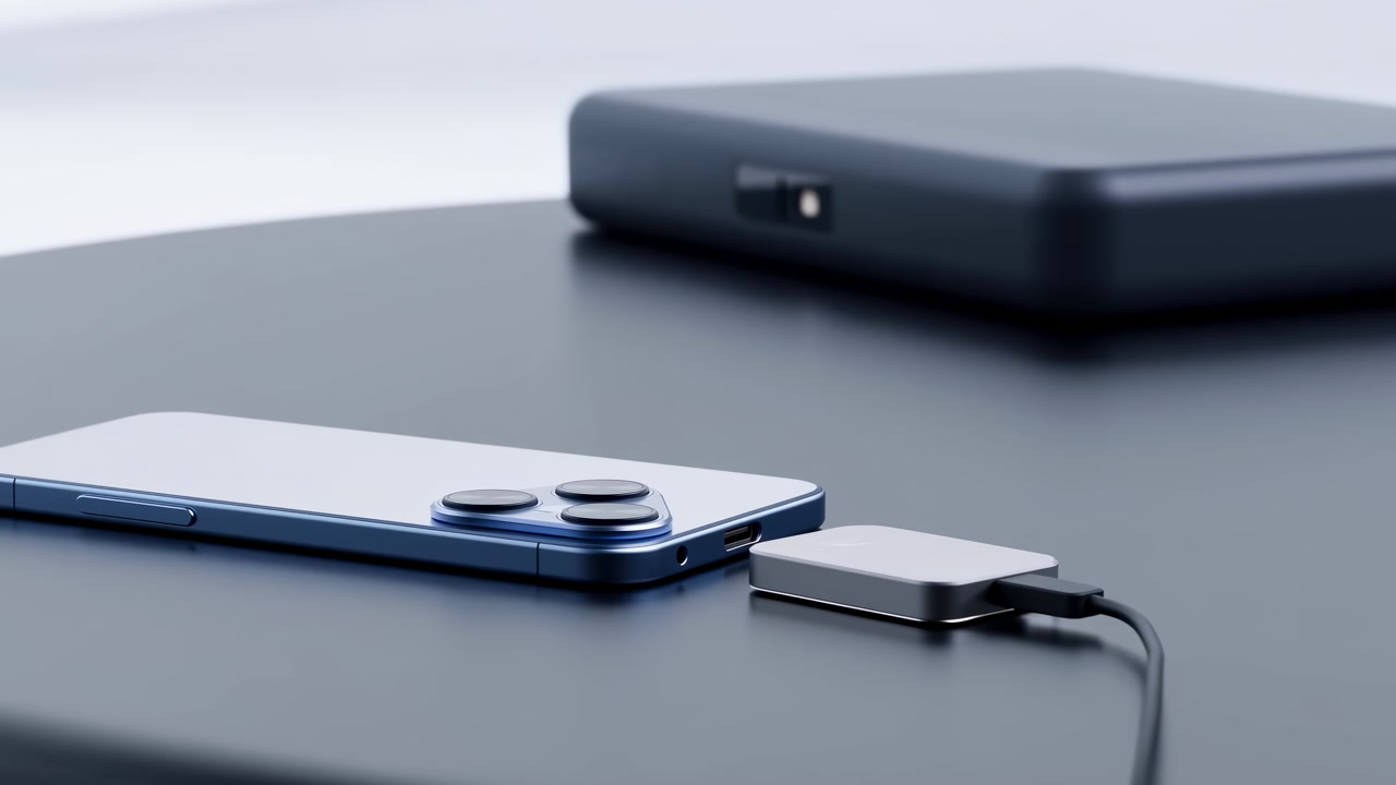 Portable Charging Setup With Smartphone Cable On Matte Round Table, Usb Adapter Connected To Phone, Power Bank