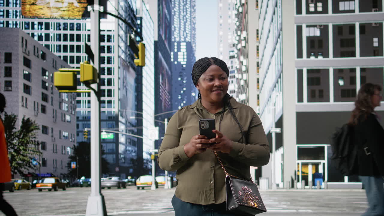Lässige afroamerikanische Erwachsene, die an einer Kreuzung auf ihrem Mobiltelefon surft
