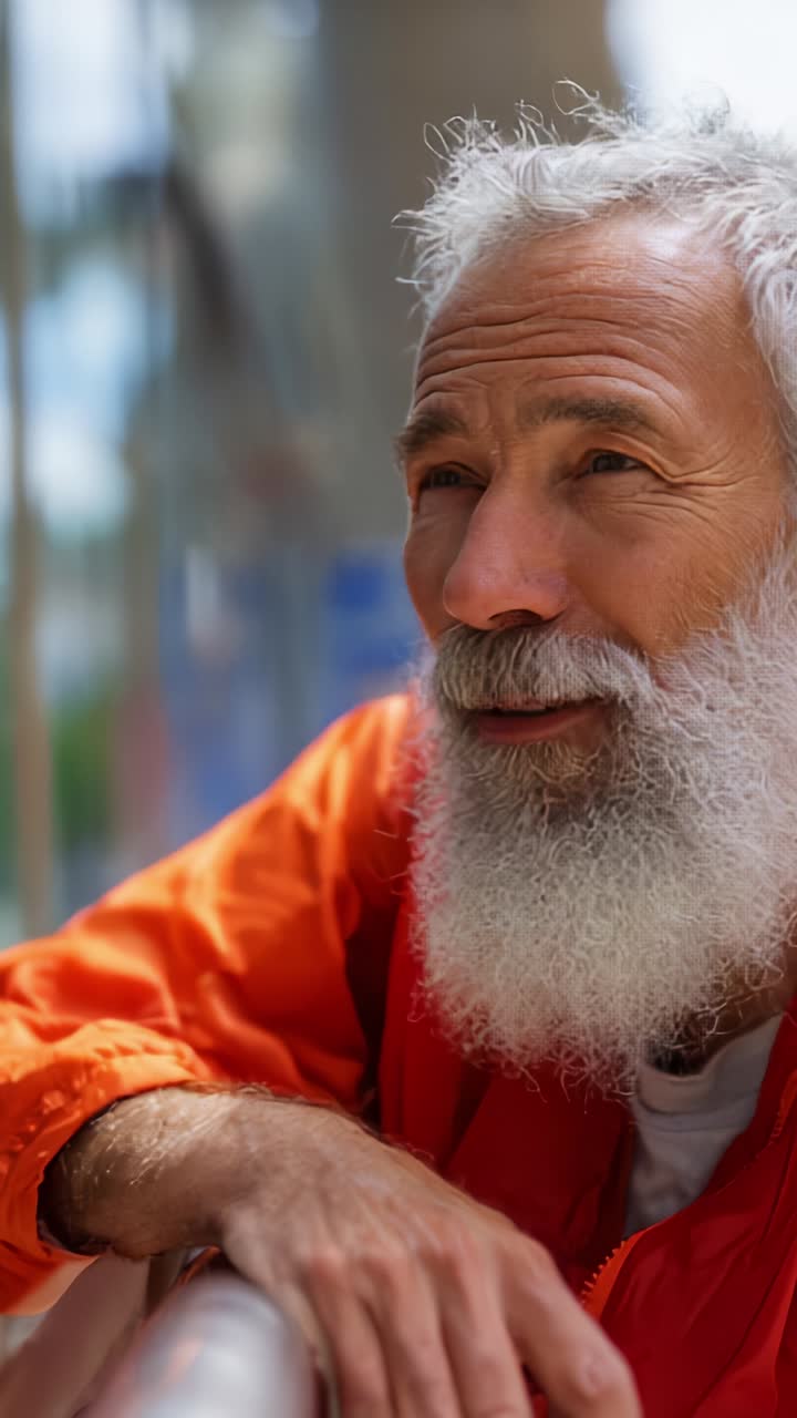 Reflective Elderly Man in Vibrant Orange Jacket with Graying Beard, Contemplating Life's Journey Under Soft Natural Light in Urban Setting