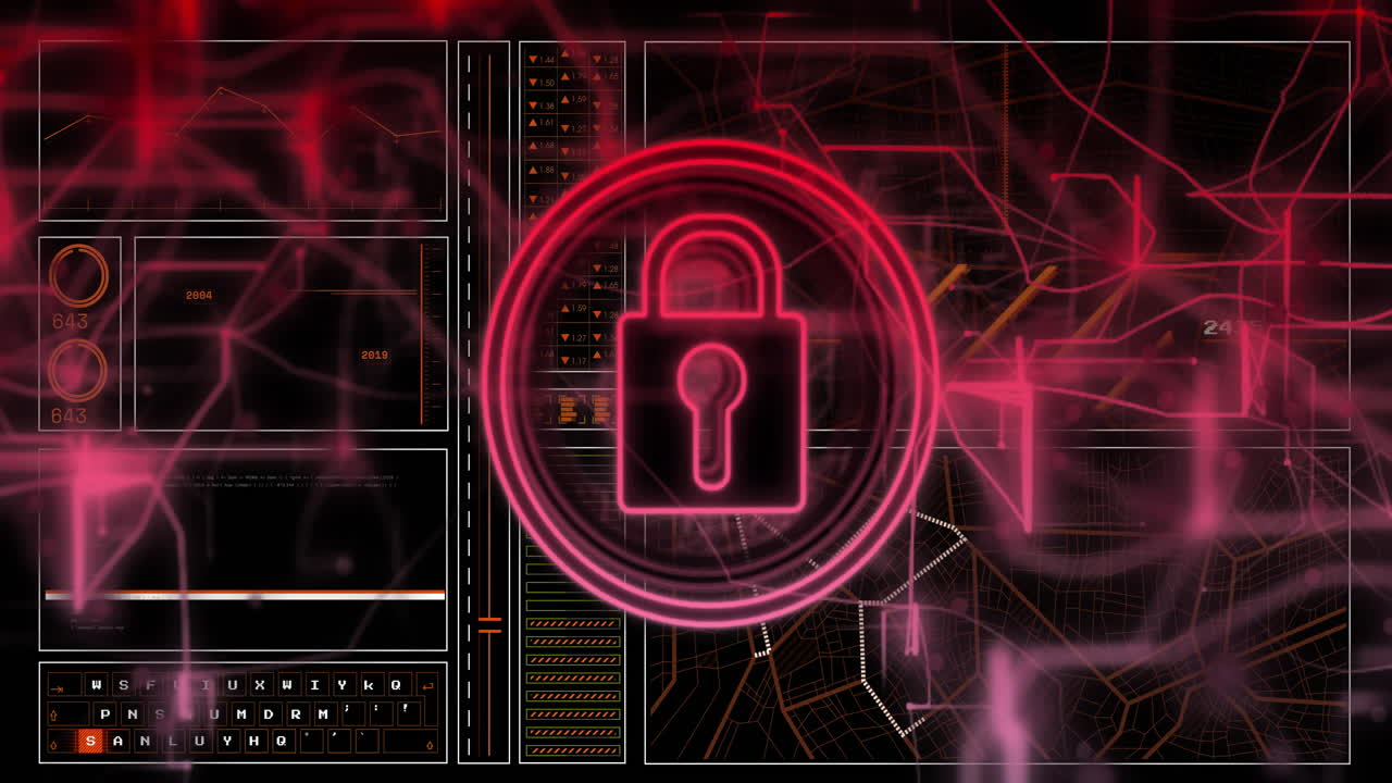 animación del procesamiento de datos digitales sobre el icono del candado en fondo oscuro