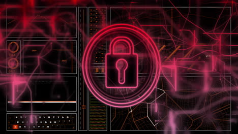 animation of digital data processing over padlock icon on dark background