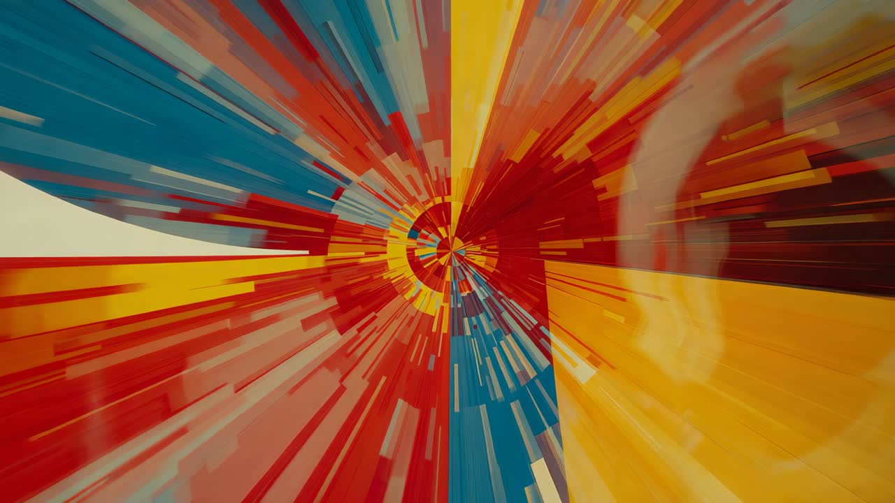 Opening static split-color circle launching radial bars on screen, creating dynamic burst