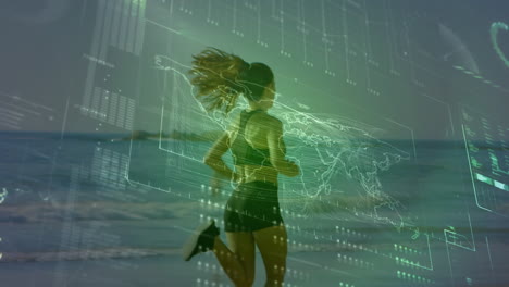 animación del procesamiento de datos sobre una mujer en forma corriendo en la playa