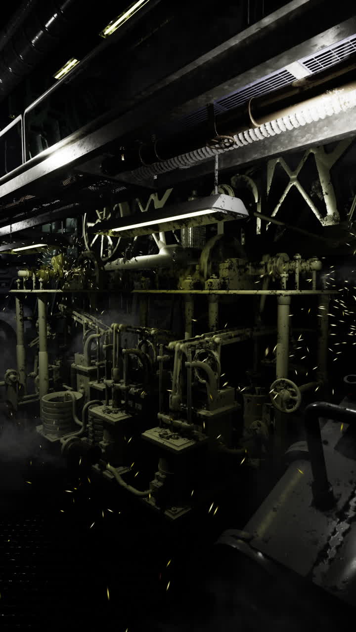 Exploring the intricate details of a dark and busy engine room environment