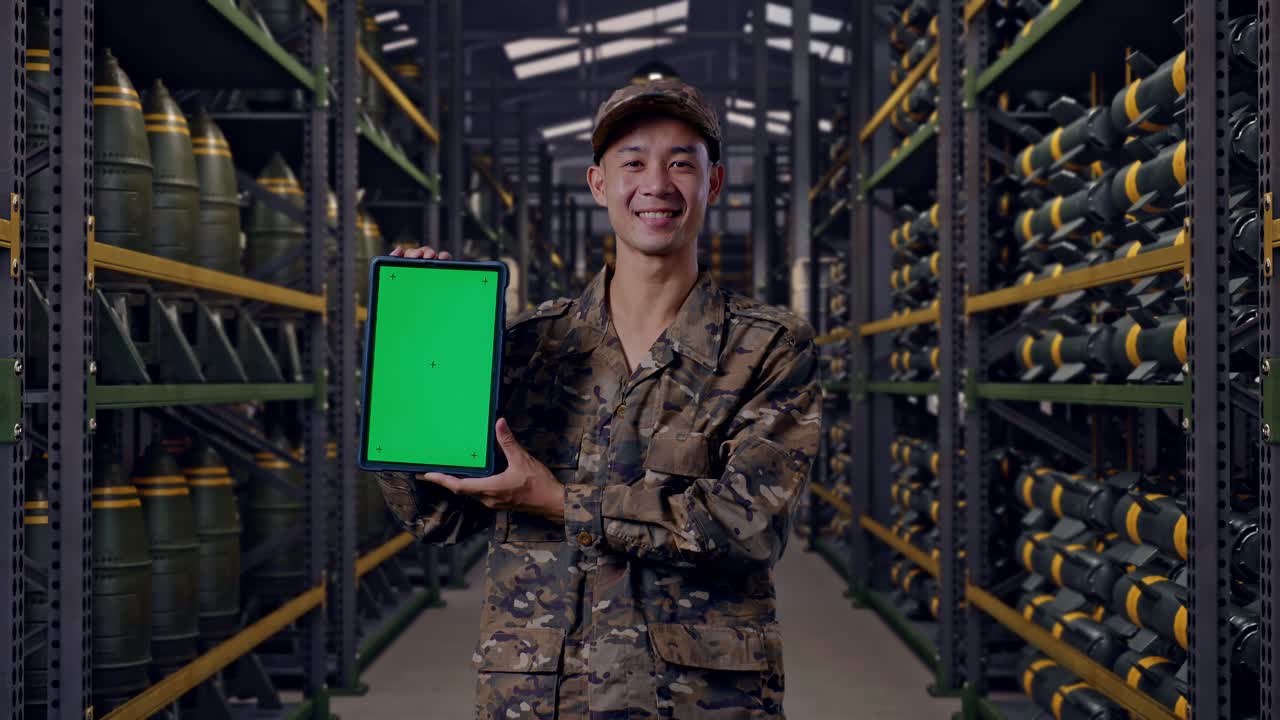 Soldado asiático sorrindo e mostrando um tablet com tela verde para a câmera enquanto está em um depósito de munição militar