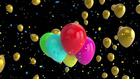 Animation-Von-Fliegenden-Bunten-Luftballons-Und-Konfetti,-Die-Auf-Schwarzen-Hintergrund-Fallen