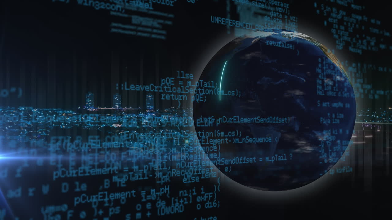 Animation of data processing and globe on blue background