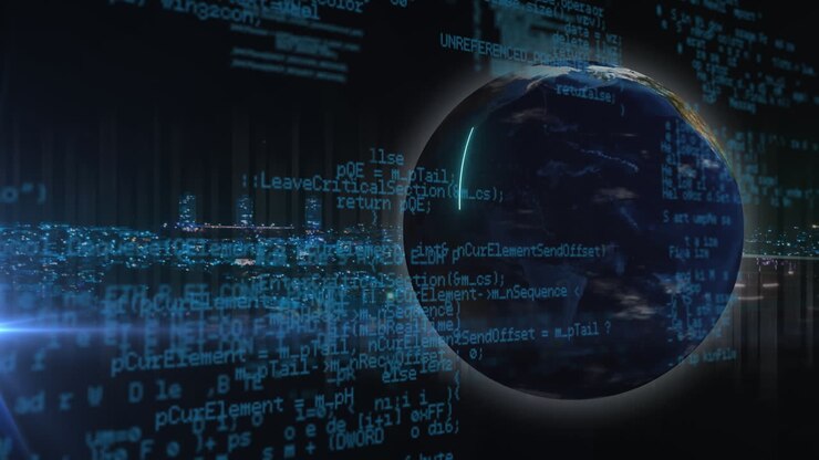 Animation of data processing and globe on blue background