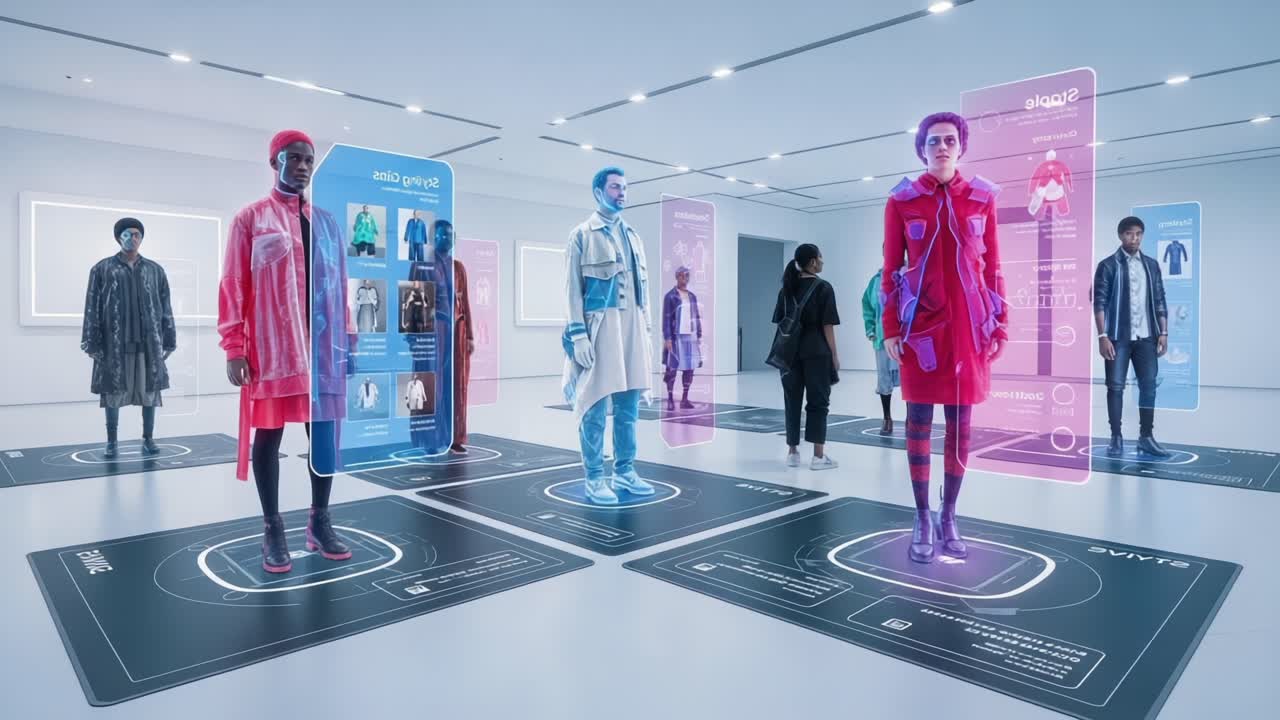 Exploring the Future of Fashion: Virtual Mannequins Showcase Interactive Styles in a Cutting-Edge Exhibition Space Filled with Tech-Infused Displays