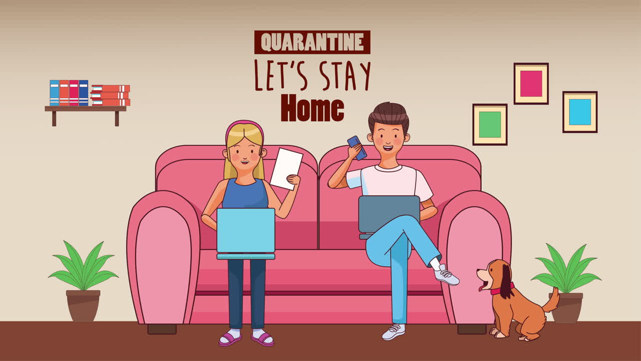 부부는 코로나19 예방 방법으로 집에서 소파에서 일하고 있습니다.