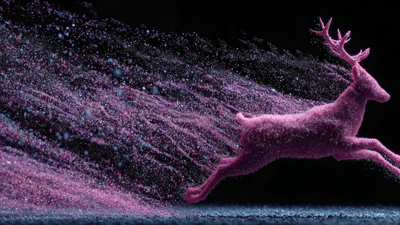 A dynamic and vibrant representation of a deer in motion, artistically crafted with vibrant pink particles capturing a sense of speed and elegance against a dark background