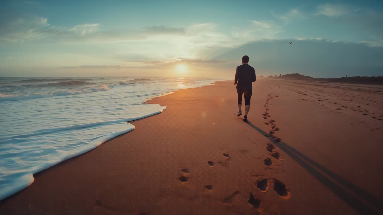 Sunrise inspiring runner in navy-blue jacket running on beach leaving prints as waves washing foam
