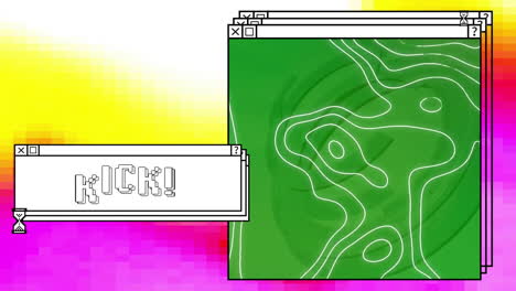 Animation of kick text and contour lines on windows with egg timer over colourful computer desktop