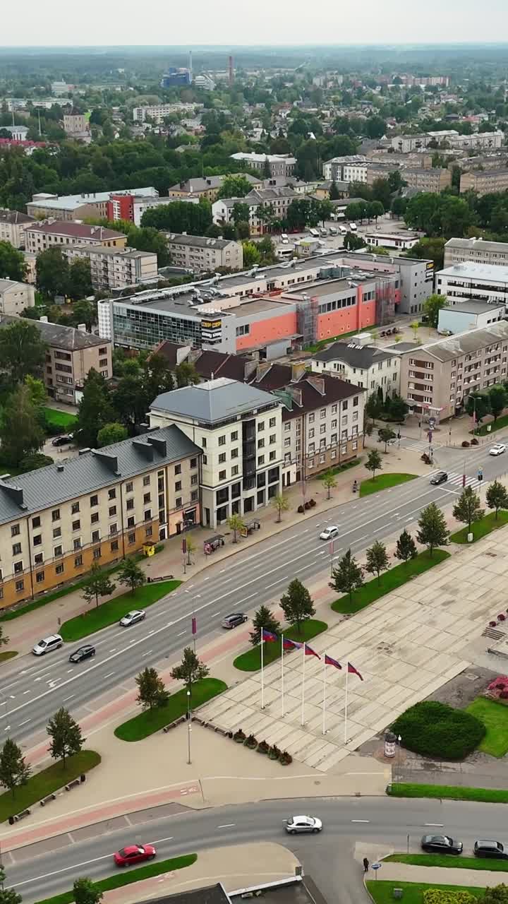 Auto che percorrono Liela Iela Street lungo Hercoga Jekaba Laukums a Jelgava, Lettonia. - ripresa aerea verticale